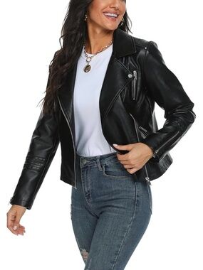 Women's Black Faux Leather Bomber Moto Jacket